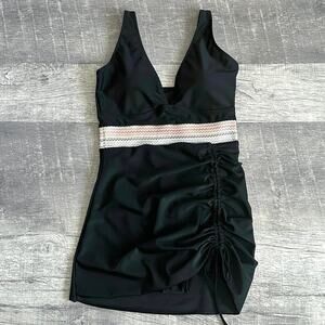 Shekini NEW Tummy Control One Piece Skirted Swim Suit Dress Women M Black V-Neck